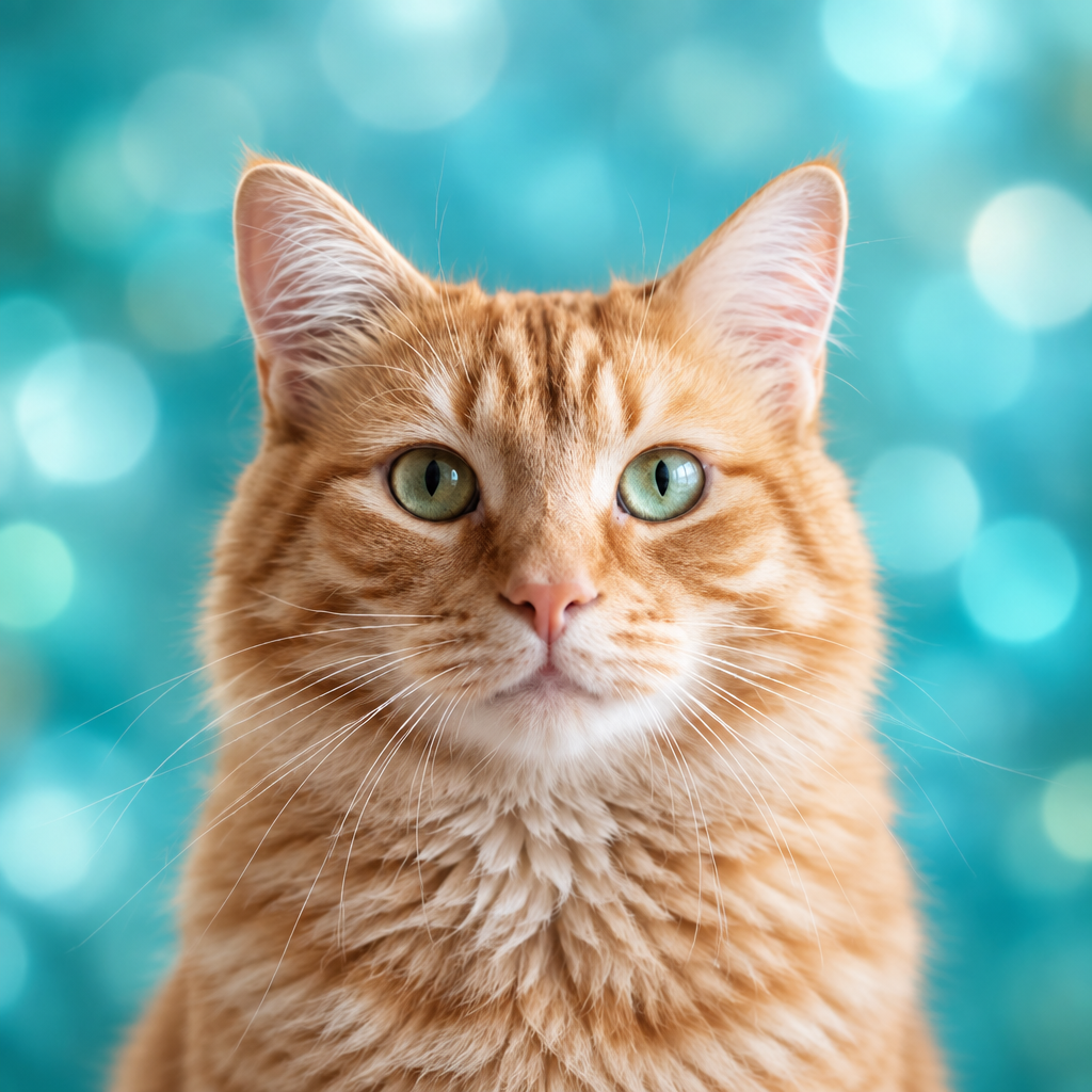 Chat roux oreilles visibles fond cyan