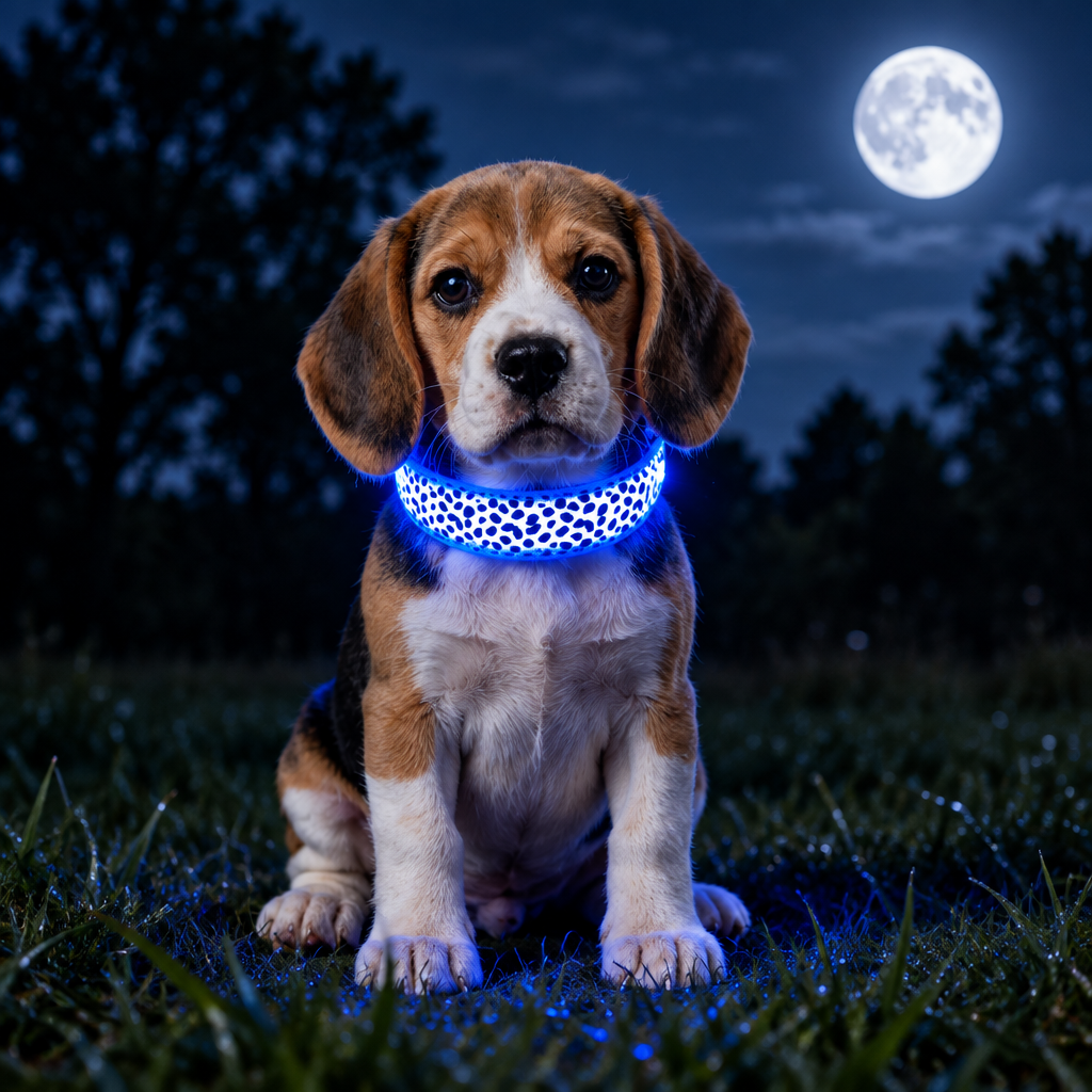Beagle collier bleu fond naturel nuit