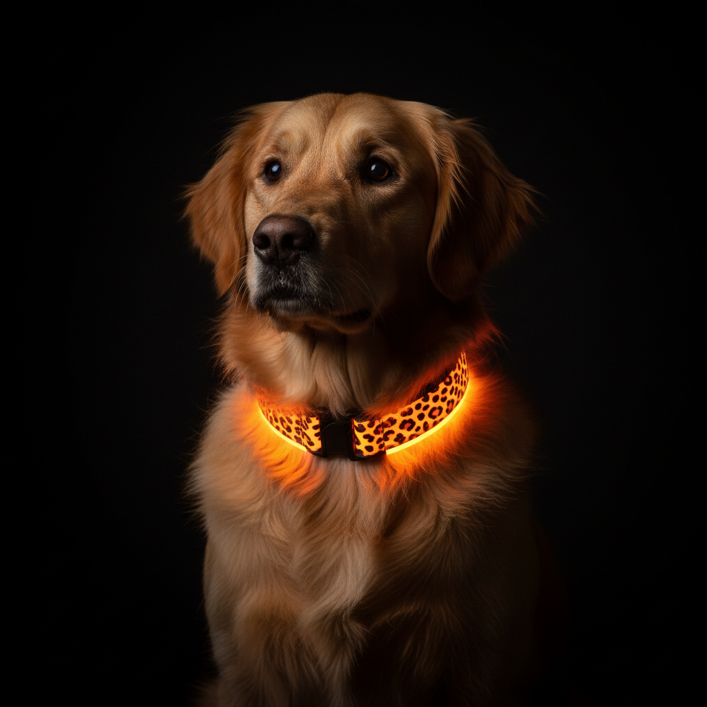 Chien portant un collier LED léopard lumineux orange